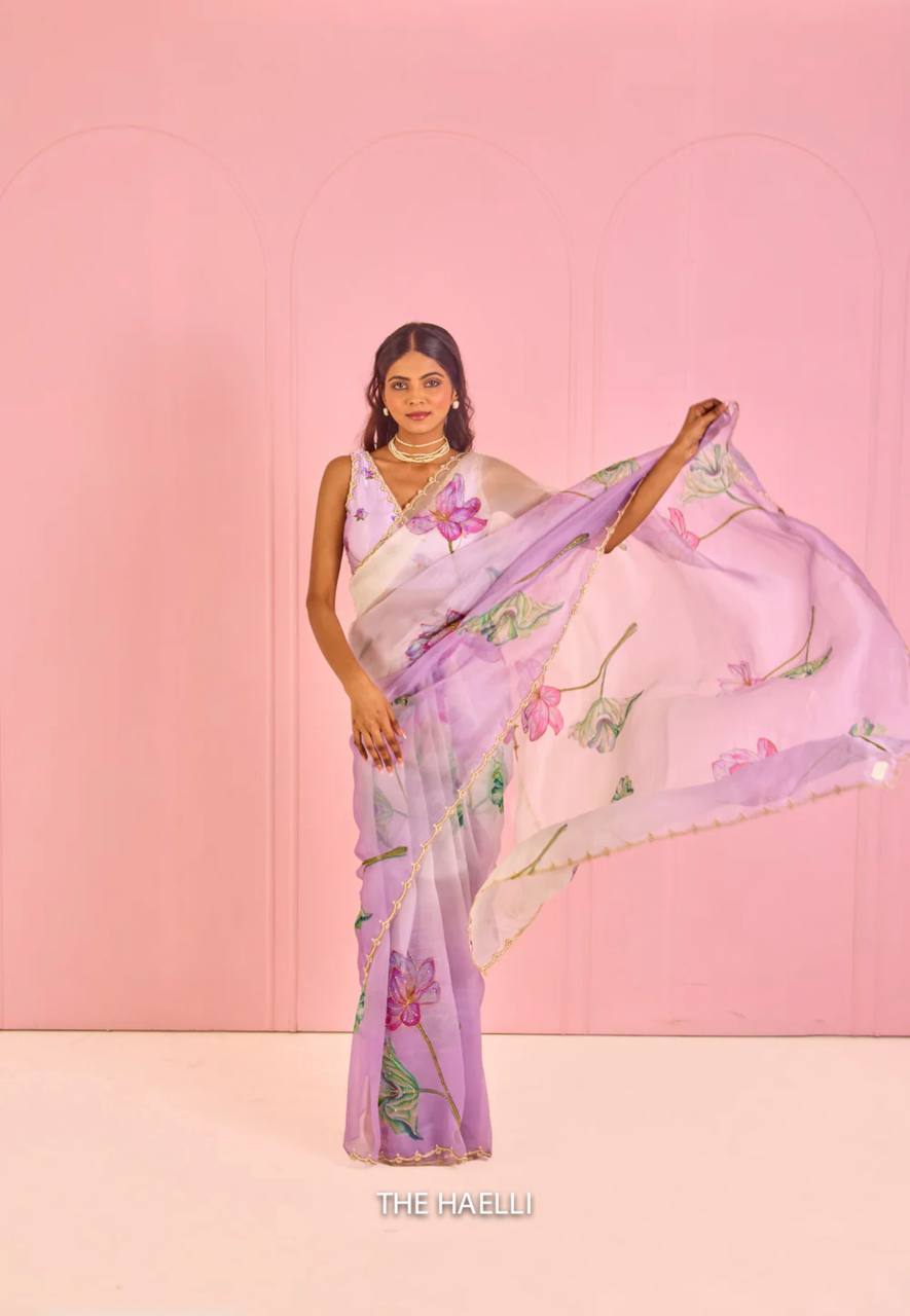 Women's Exquisite Lavender & White Organza Saree with Hand-Painted Lotus Floral Motifs & Gold Embellished Border – Complete with Matching Printed Blouse for Festive & Special Occasions - Image 2